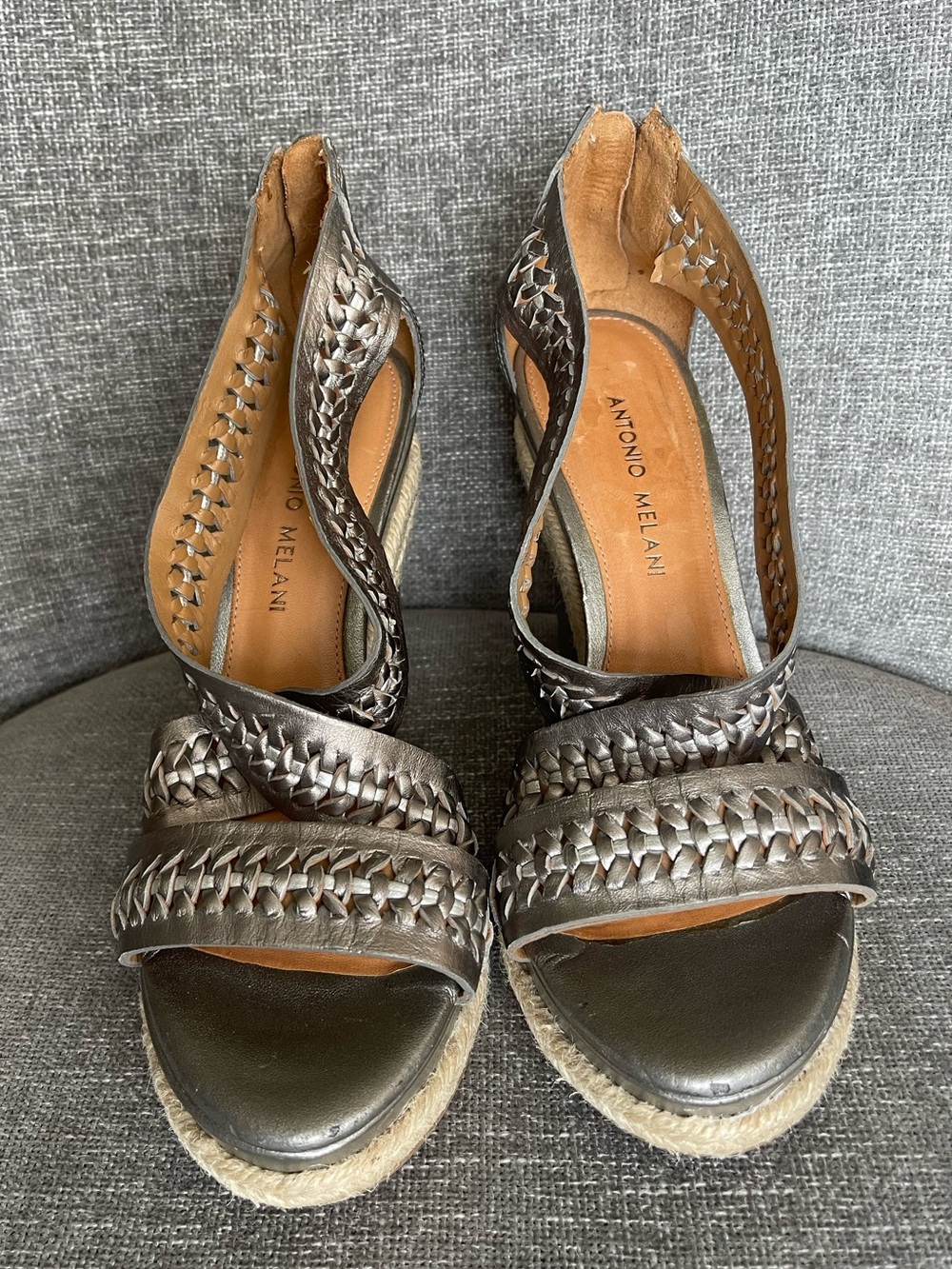 ANTONIO MELANI Metallic Silver Woven Espadrille Wedge Sandals